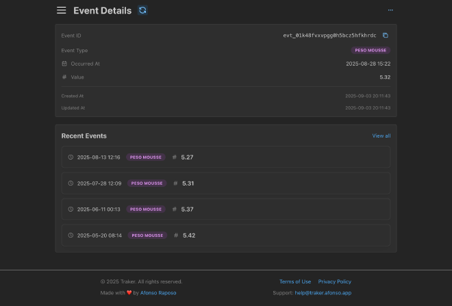 Screenshot of the event details screen of the new Traker app