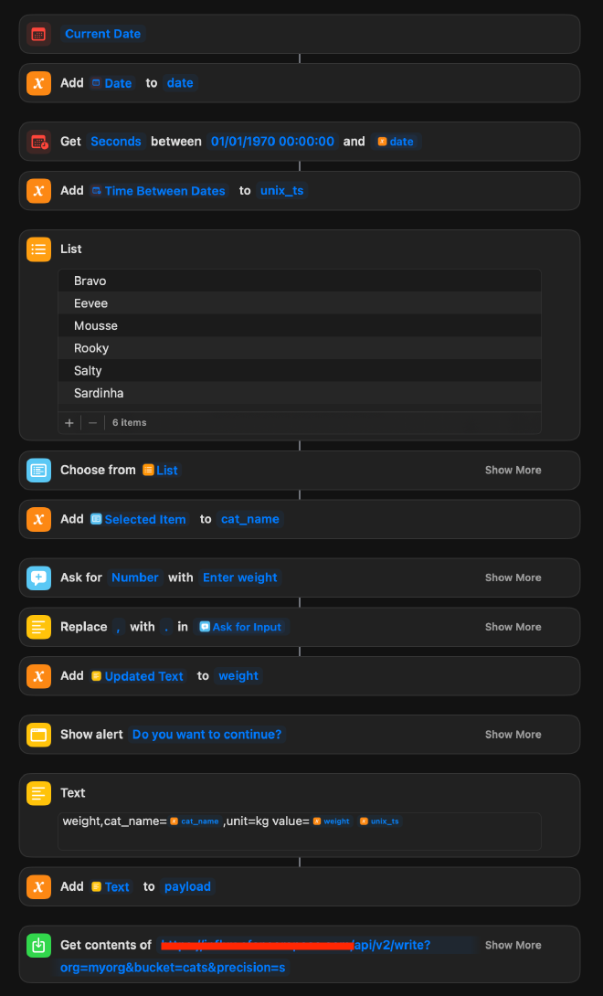 Screenshot of the iOS shortcut to log my cats’ weight