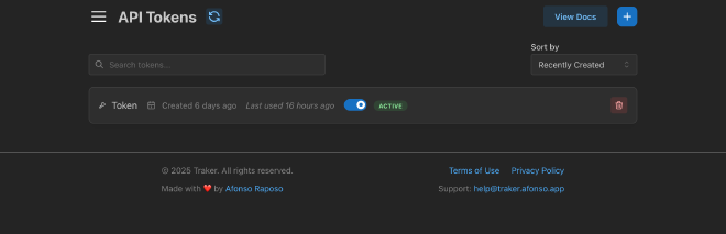 Screenshot of the tokens management screen of the new Traker app