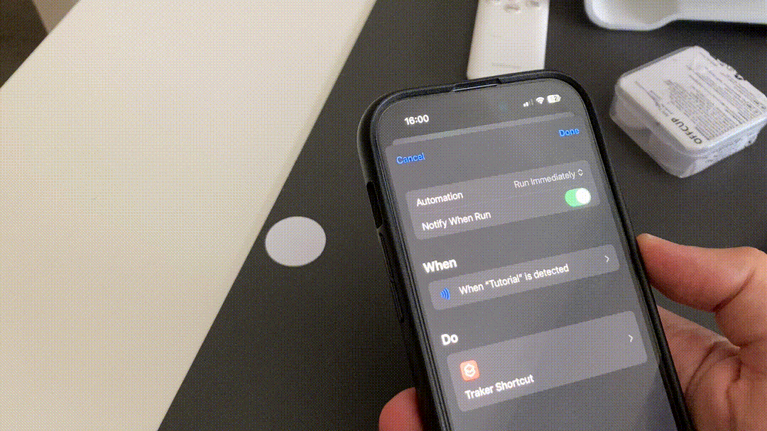 Demo of the iOS Shortcut logging an event to Traker after tapping an NFC tag.