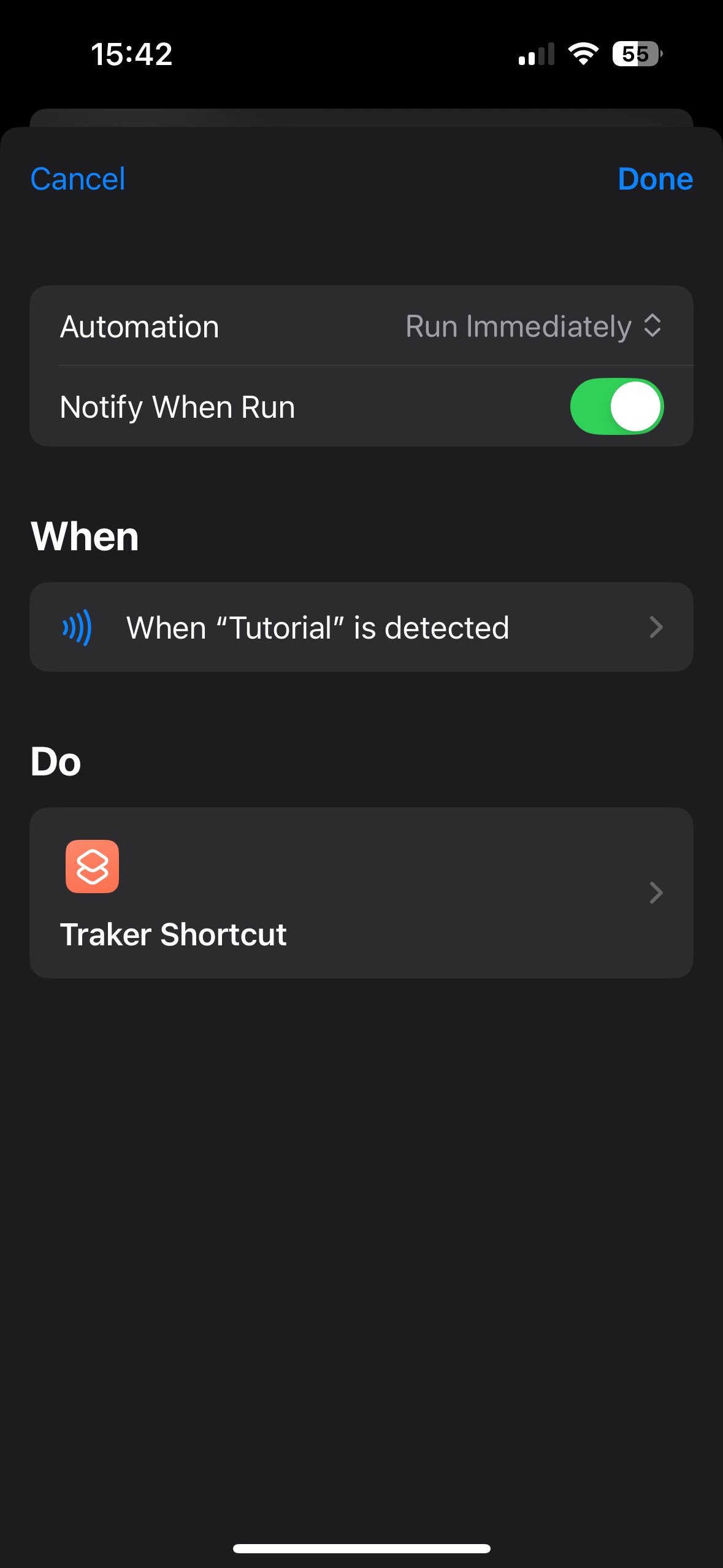 Screenshot of the iOS Shortcuts app showing the configuration of the NFC trigger.