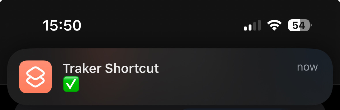 Screenshot of the iOS Shortcuts app showing a notification confirming the event was logged successfully.