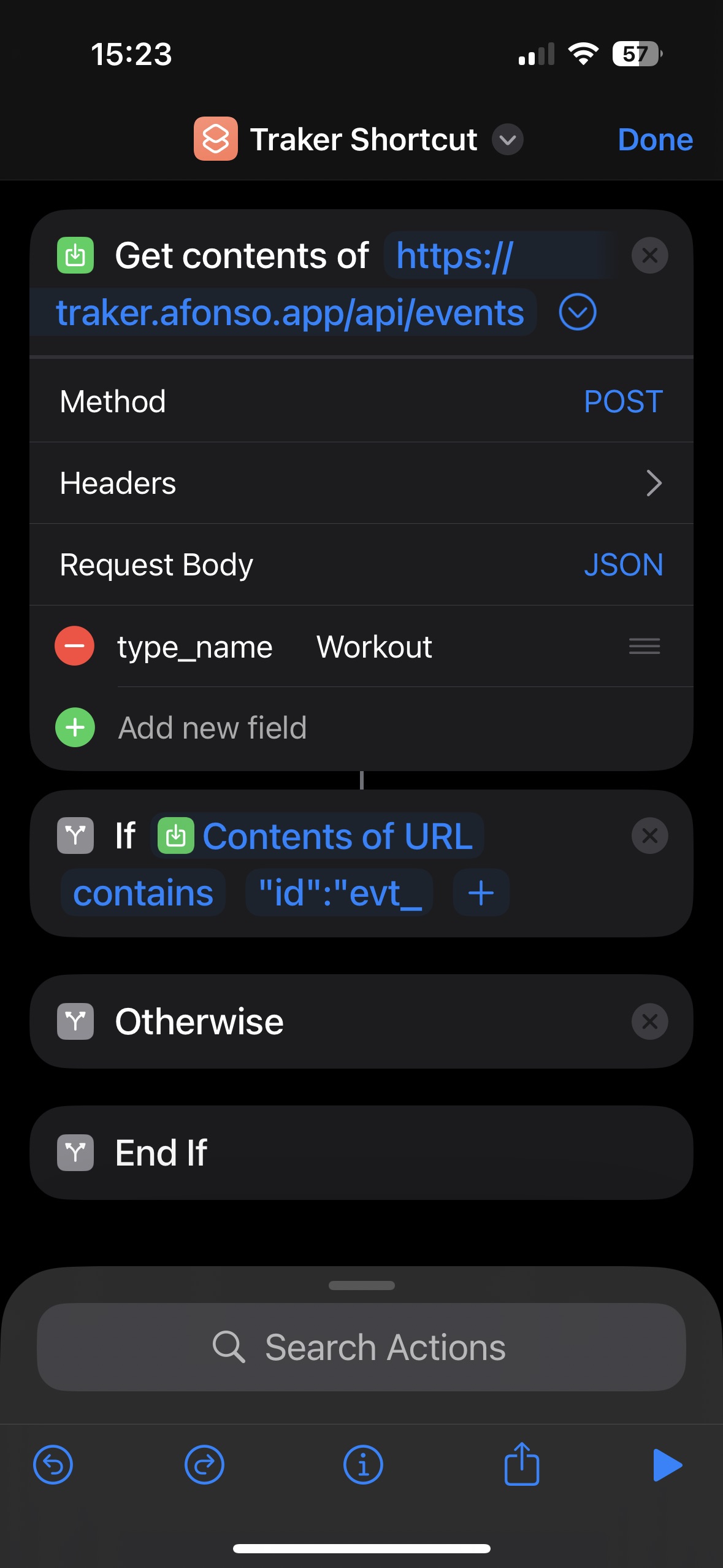 Screenshot of the iOS Shortcuts app showing the configuration of the “If” action.