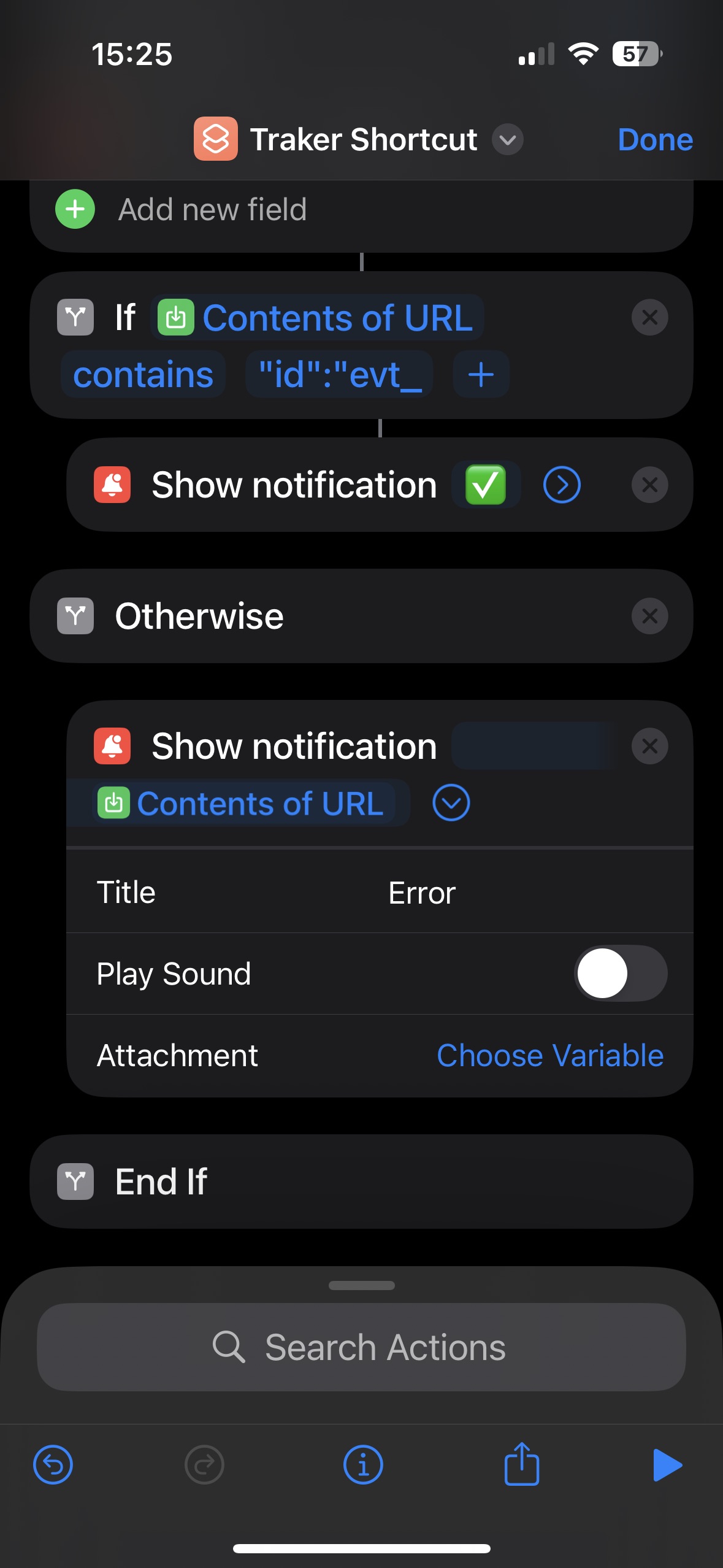 Screenshot of the iOS Shortcuts app showing the configuration of the “Show Notification” action.
