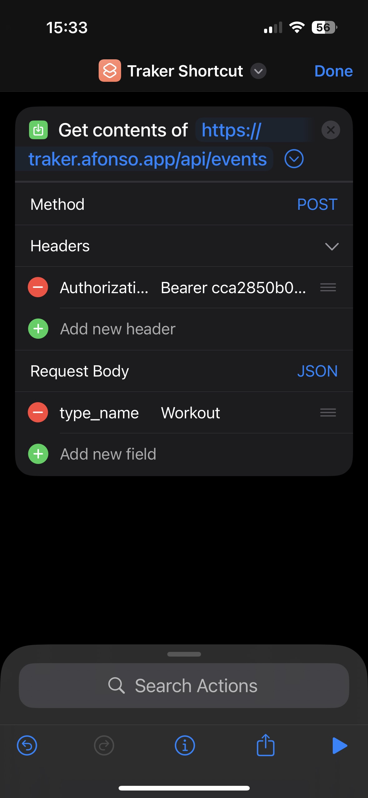 Screenshot of the iOS Shortcuts app showing the configuration of the “Get contents of URL” action.