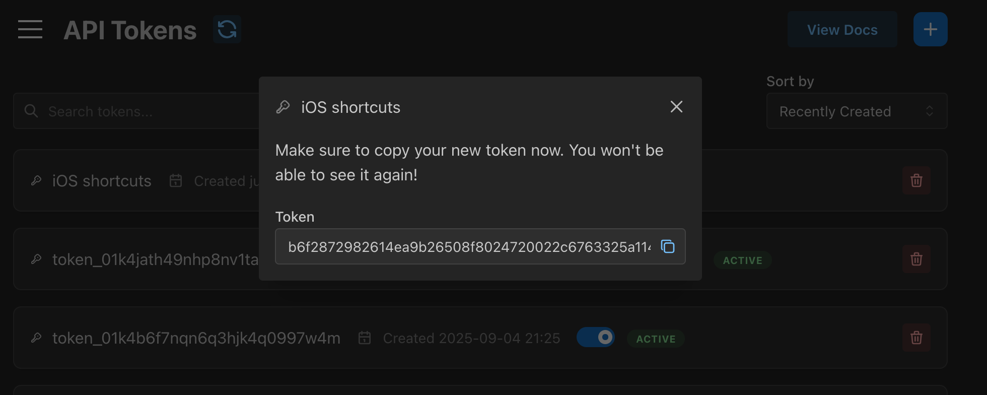 Screenshot of the Traker app showing a newly created API token.